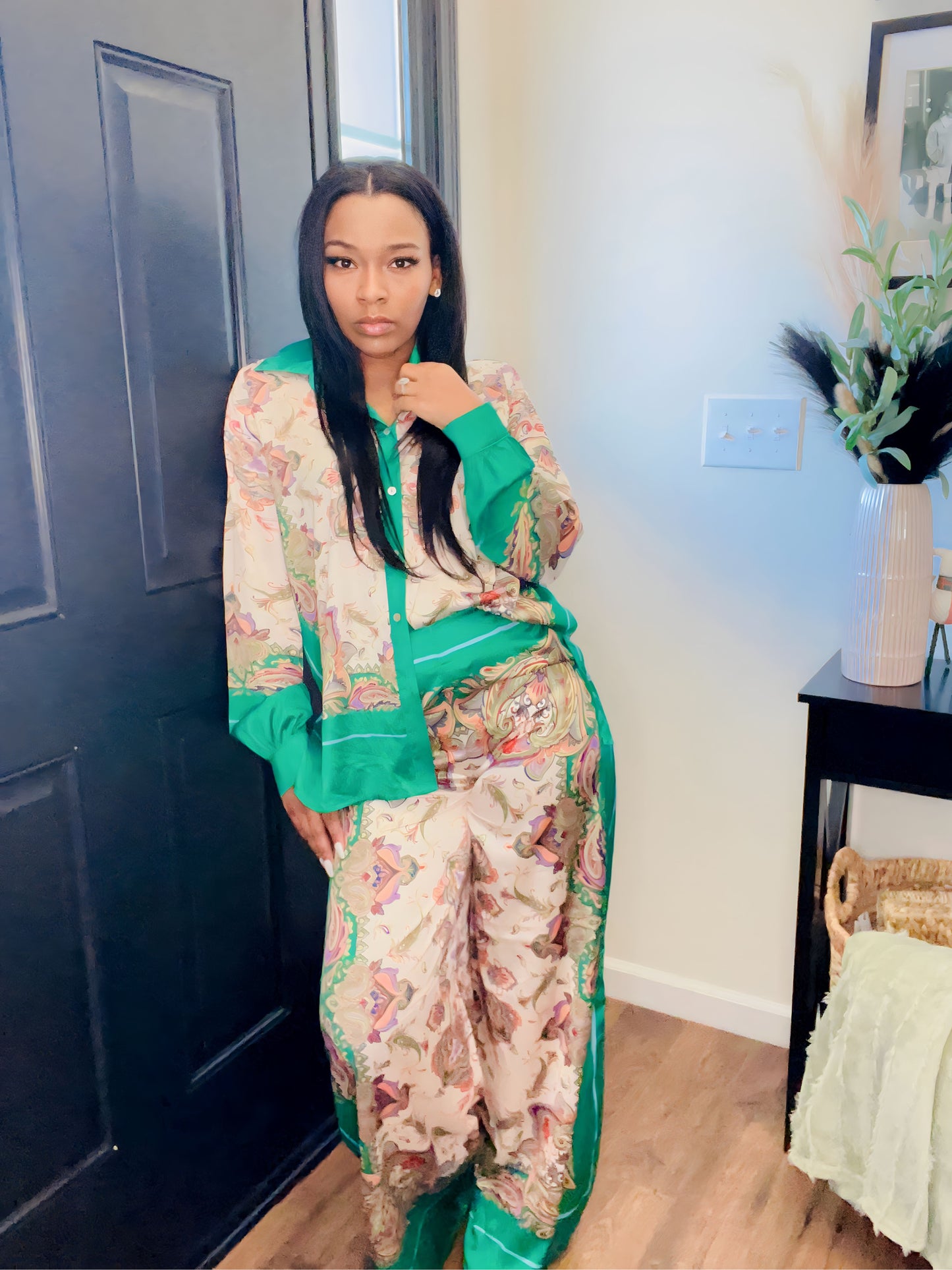 Satin Multi Cream Green Set
